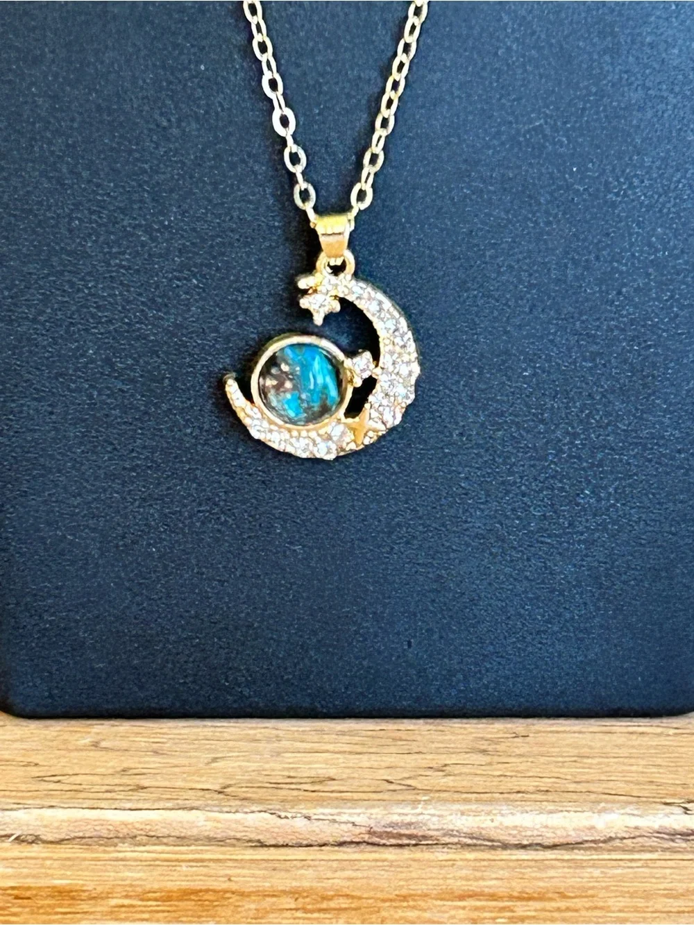 Gold-Plated Crescent Moon & Blue Opal Pendant Necklace - Women Jewelry